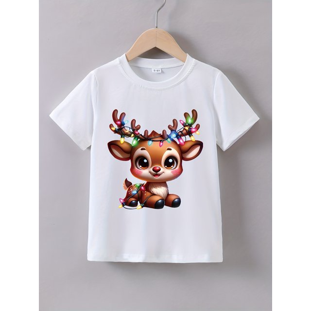 Adorable Girls' Red Christmas Reindeer Graphic T-Shirt - Soft Cotton & Spandex Blend, Short Sleeve, Crew Neck - Perfect for Summer Celebrations, Girls Christmas Outfits