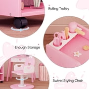 Reasea Kids Vanity Set with Light & Barber Chair, Pretend Play Makeup Dressing Table with Storage Shelf, 7 Pcs Hair Salon Accessories