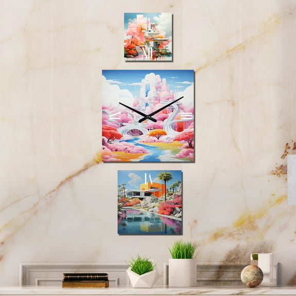 Designart "Architectural Charm of Pink Country Clubs" Buildings & Cityscapes Oversized Wall Clock - Set Of 3 - Extra large Traditional Clock For Office Décor - Large Vertical Clock