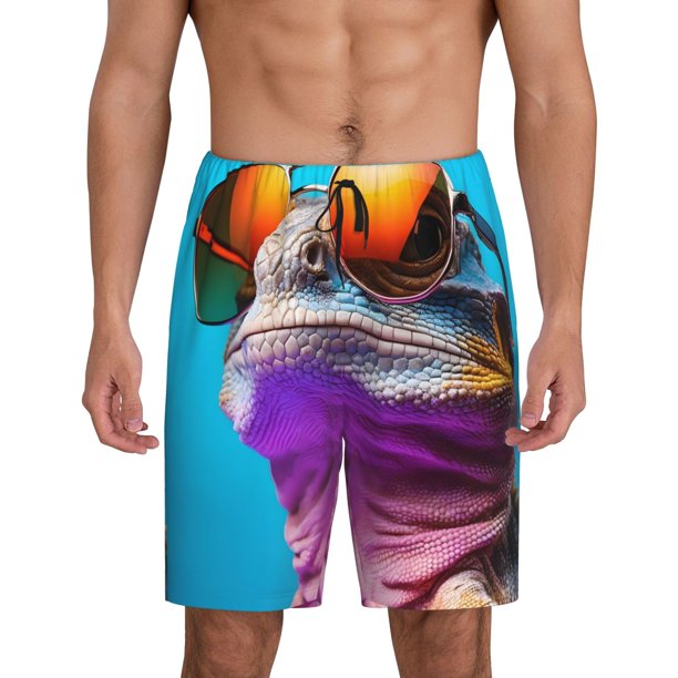 Fotbe Lizard With Sunglasses Colorful Pantalones Cortos de Pijama para Hombre, Ropa de Dormir, Pantalones de Pijama Cortos para Hombre-Large