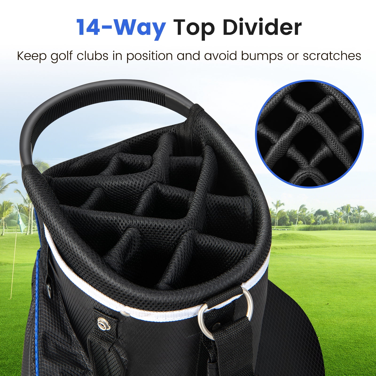 Topbuy 14-Way Golf Cart Bag Golf Club Bag with 14 Ways Organizer Divider Top 9 Zippered Pockets Cooler Bag Umbrella Holder Blue