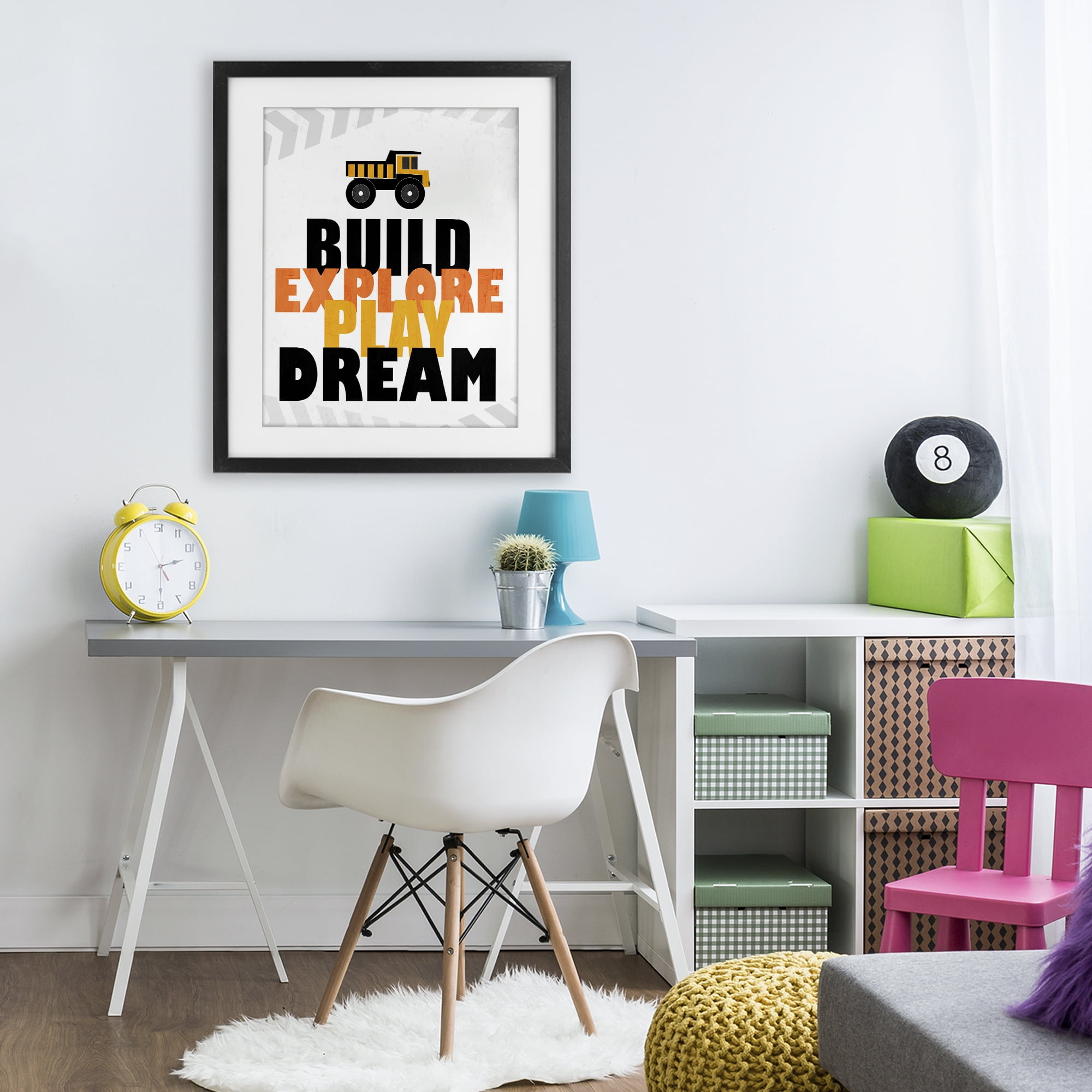 Build Explore Play Dream Black Framed Print Under Glass, design by Kim Allen
