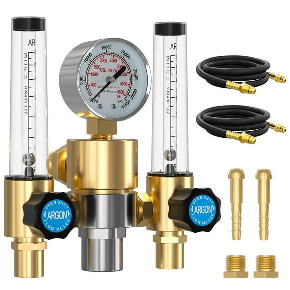 BETOOLL Dual Output Argon Regulator - MIG/TIG Flow Meter Gas Gauge with 2PCS 6.6 Feet Hoses, 0-60 SCFH, 0-4500 PSI, CGA580 Inlet Connection for Argon/CO2