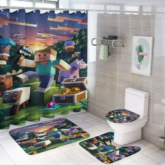 Minecraft Power 4 Pcs Shower Curtain Sets Non-Slip Rugs Bath Mat Toilet Cover U Shaped Mat for Bathroom Decor Bathroom Set 72" X 72"