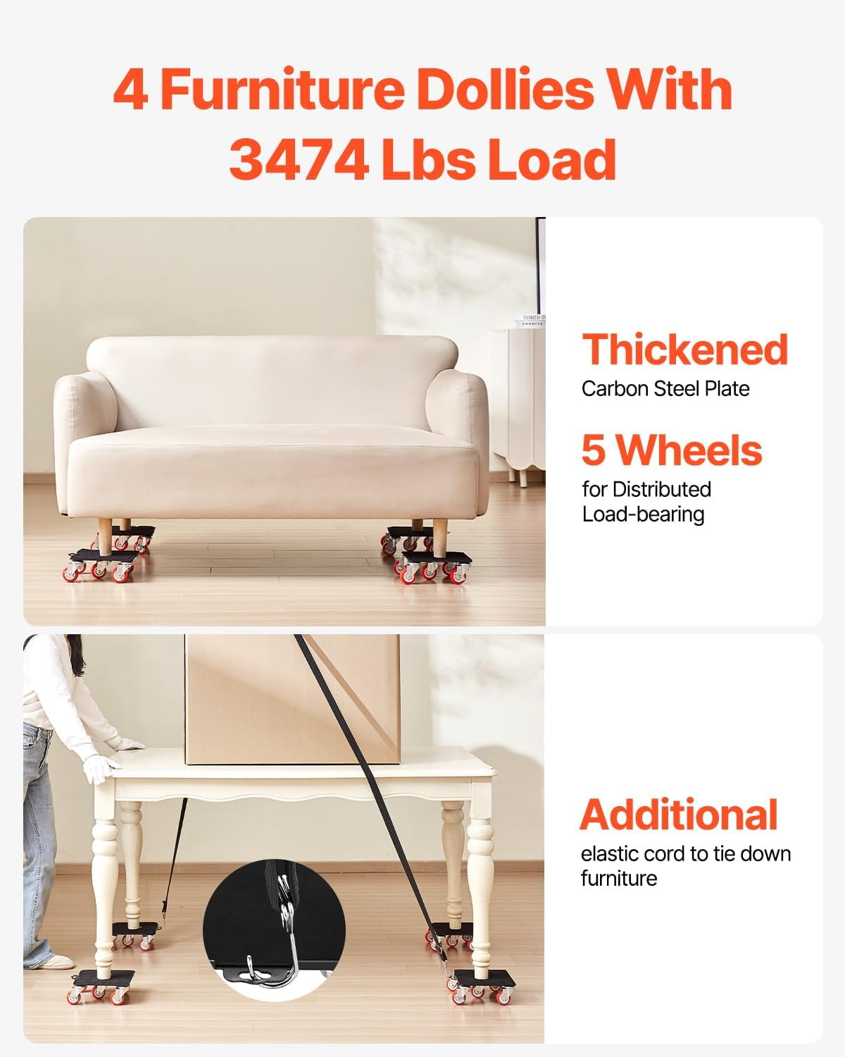 Heavy Duty Furniture Dolly with 5 Wheels - Carbon Steel Mover for Appliances, Sofa, Fridge