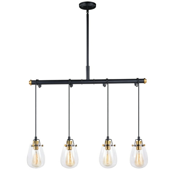 Kassidy 4L Black Industrial Linear Teardrop Chandelier Island Pendant Light Fixture Clear Glass