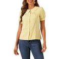 thumbnail image 1 of Blusa de mujer con cuello Peter Pan en contraste, manga corta abullonada, camisa de cuadros, color amarillo, 1 of 6