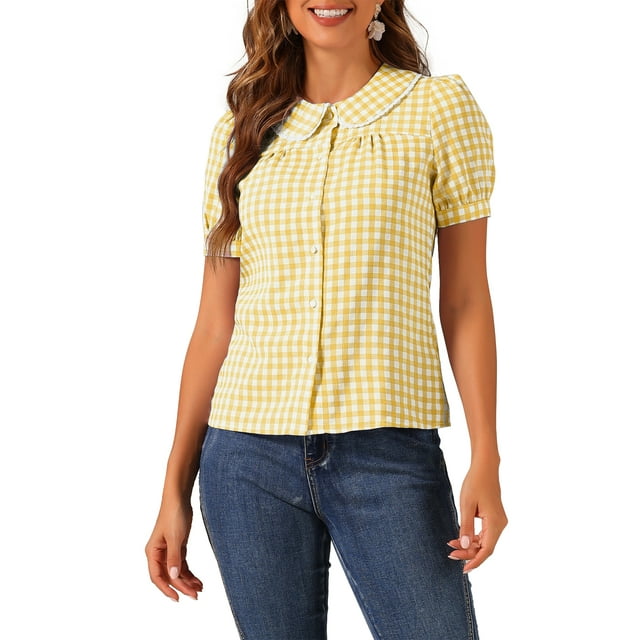 Blusa de mujer con cuello Peter Pan en contraste, manga corta abullonada, camisa de cuadros, color amarillo