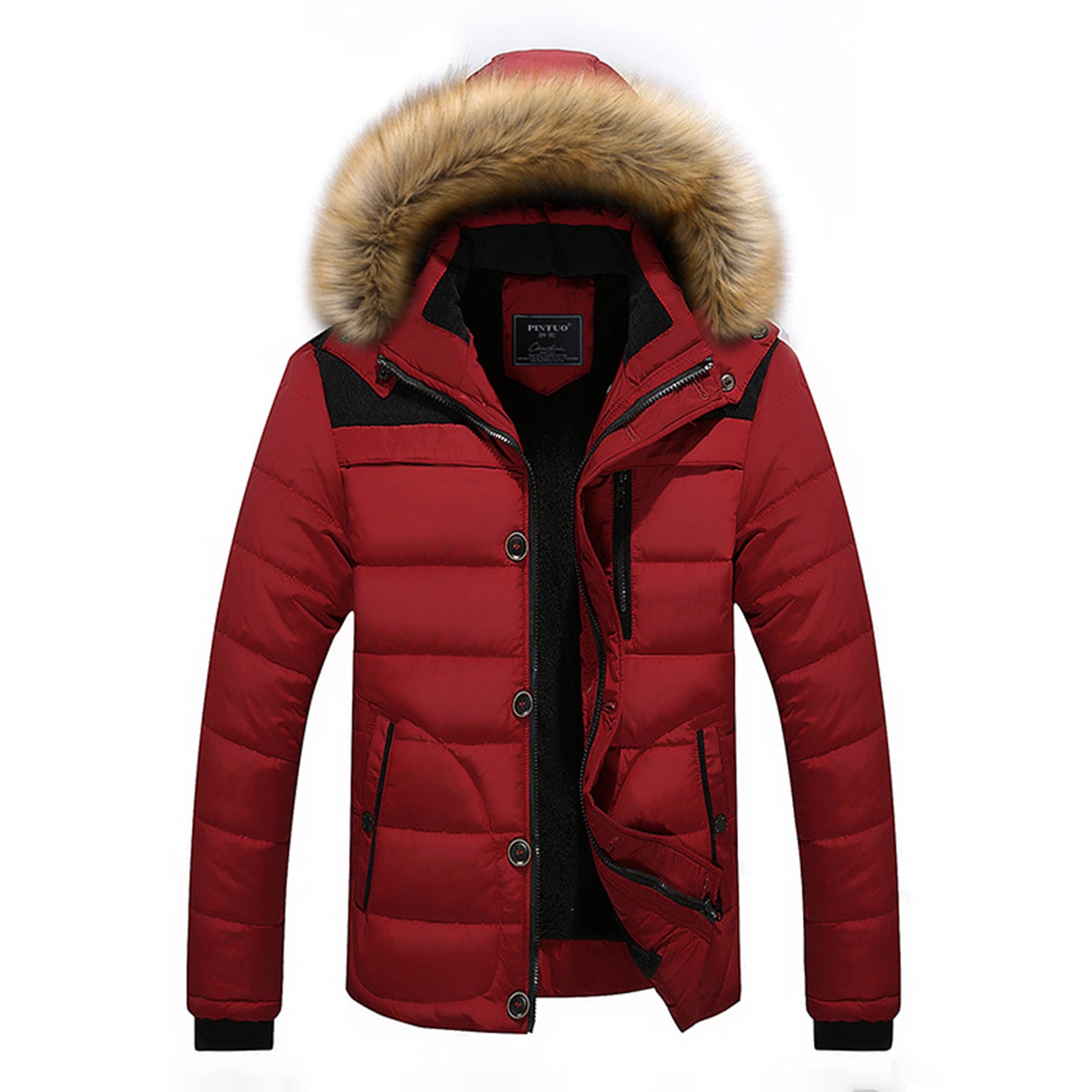 MAWCLOS Men Thicken Jacket Fleece Lined Winter Warm Long Sleeve Padded Coat Casual Holiday Red M