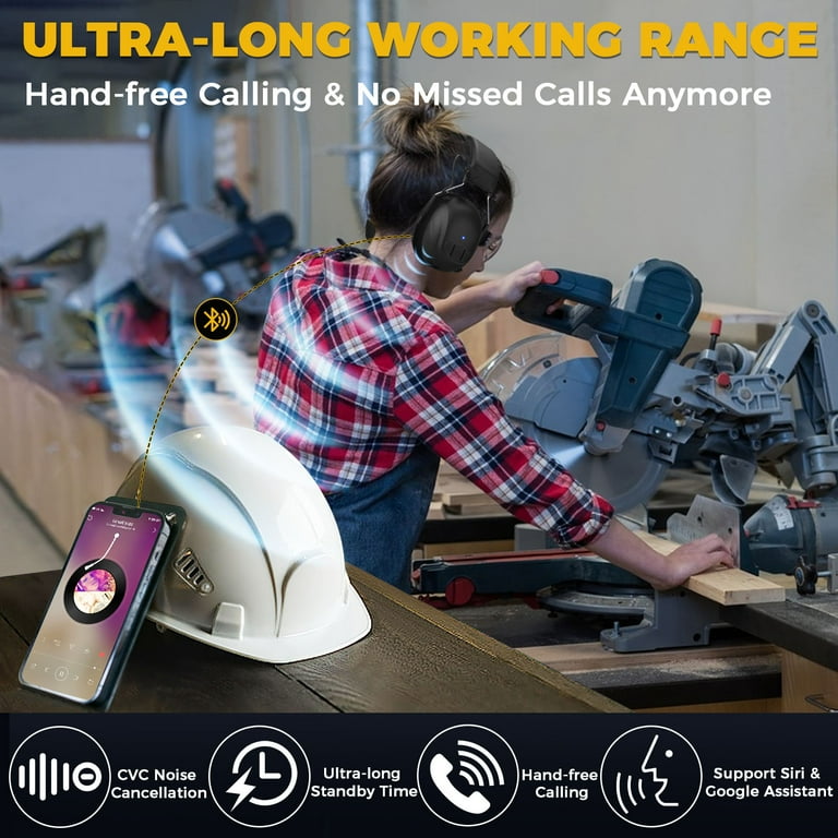 Bluetooth 5.4 Hearing Protection With 120 Hours Playtime,1200mAh Rechargeable Battery Ear Protection Headphones, 30dB Bluetooth Earmuffs For Lawn Mowing, Workshops, Construction, Snowblowing, Black