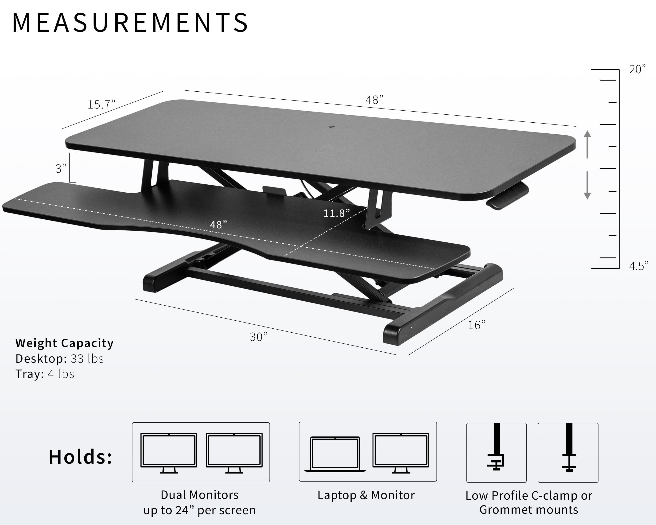 VIVO Black Height Adjustable 48" Standing Desk Monitor Riser, Sit Stand Tabletop