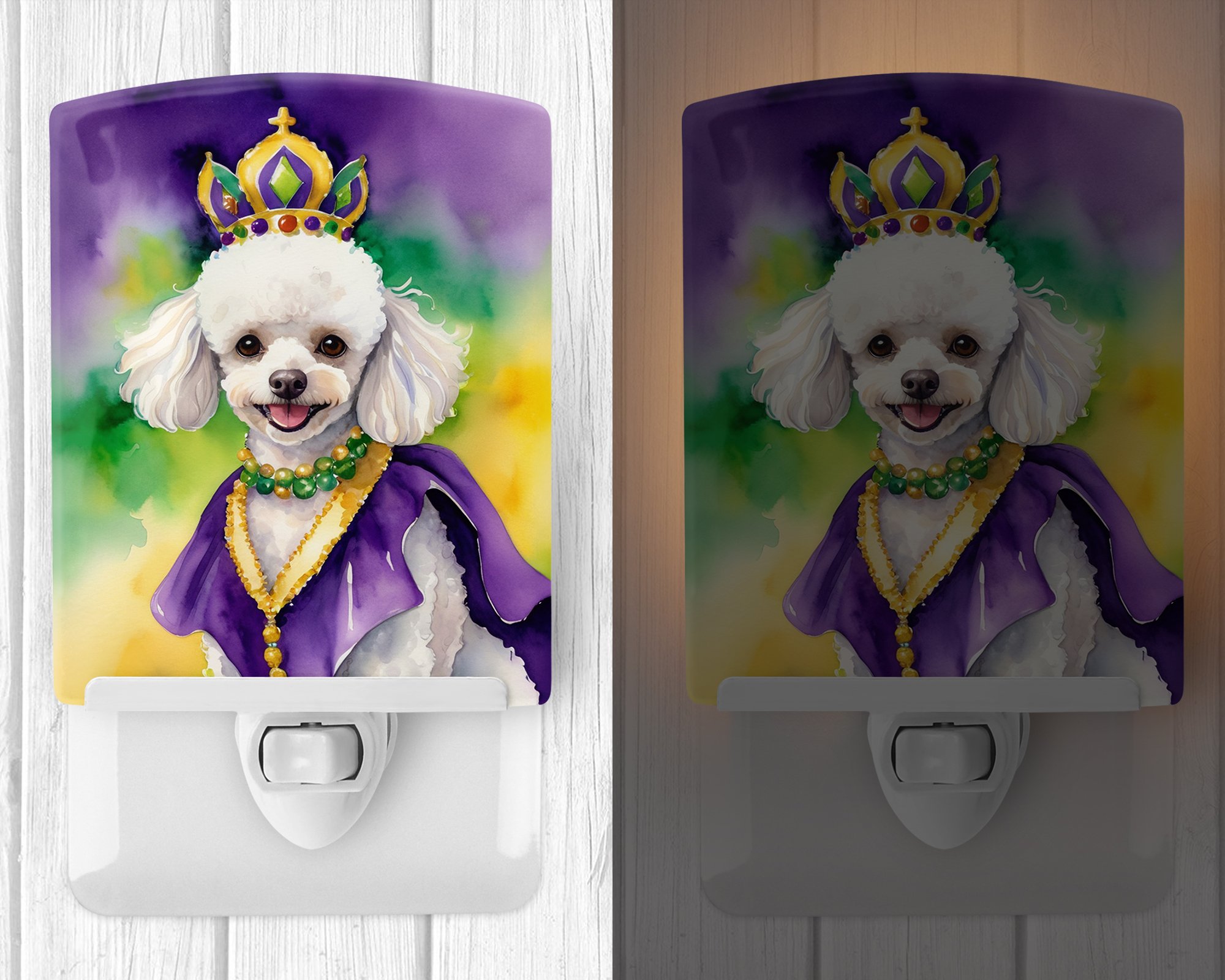 White Poodle King of Mardi Gras Ceramic Night Light 4 in x 6 in