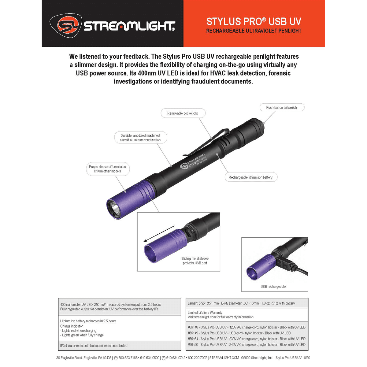 Streamlight Stylus Pro USB UV Ultraviolet LED Compact Penlight/Flashlight - 66149