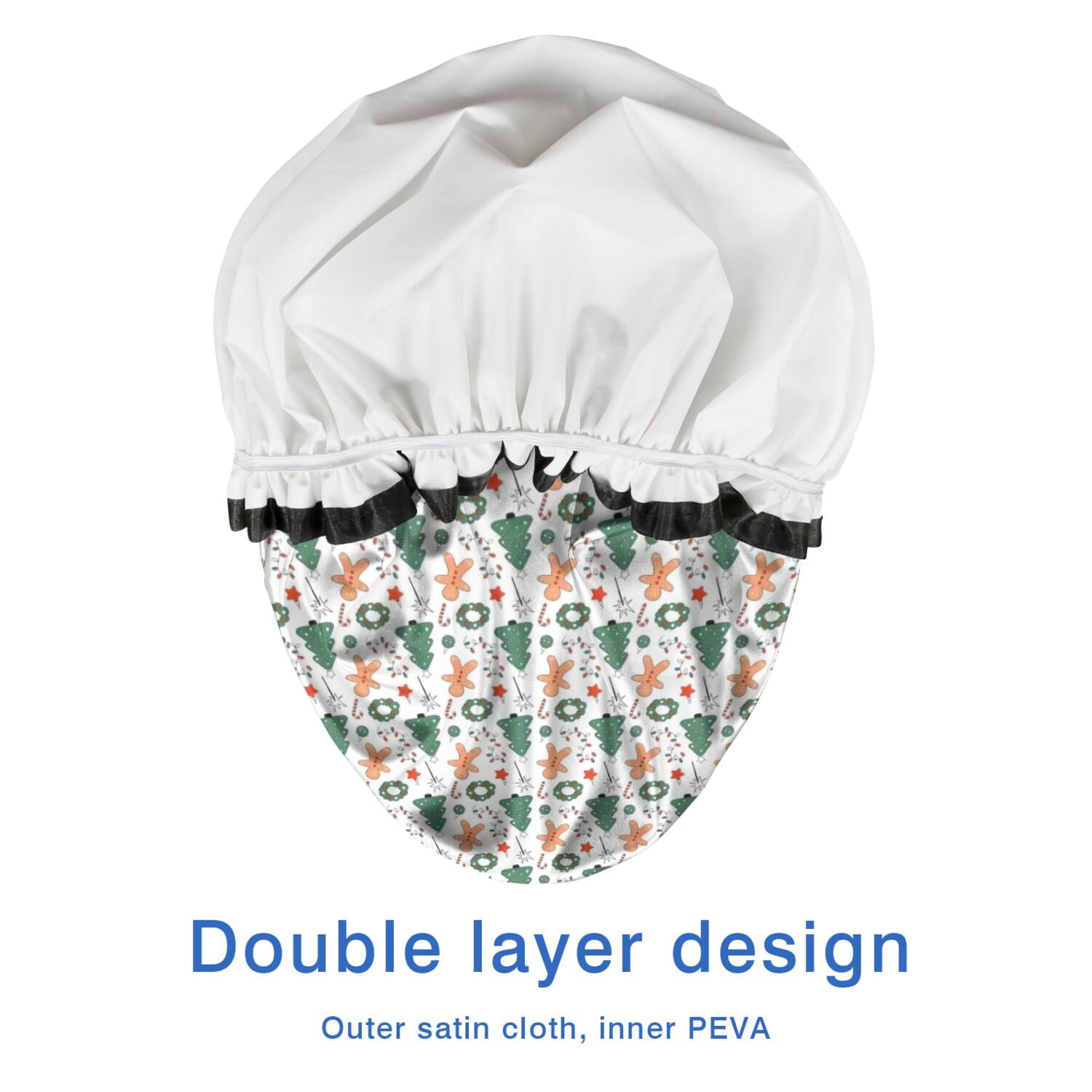 Shower Caps,White Christmas Gingerbread and Tree Pattern Waterproof Shower Cap for Women 4 Pieces,Double Reusable Hair Cover for Shower PEVA Elastic Stretch Hem
