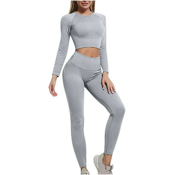 Timegard Workout Sets for Women Long Sleeve Crop Tops Yoga Leggings Fall Slim Stretch Athletic Outfits