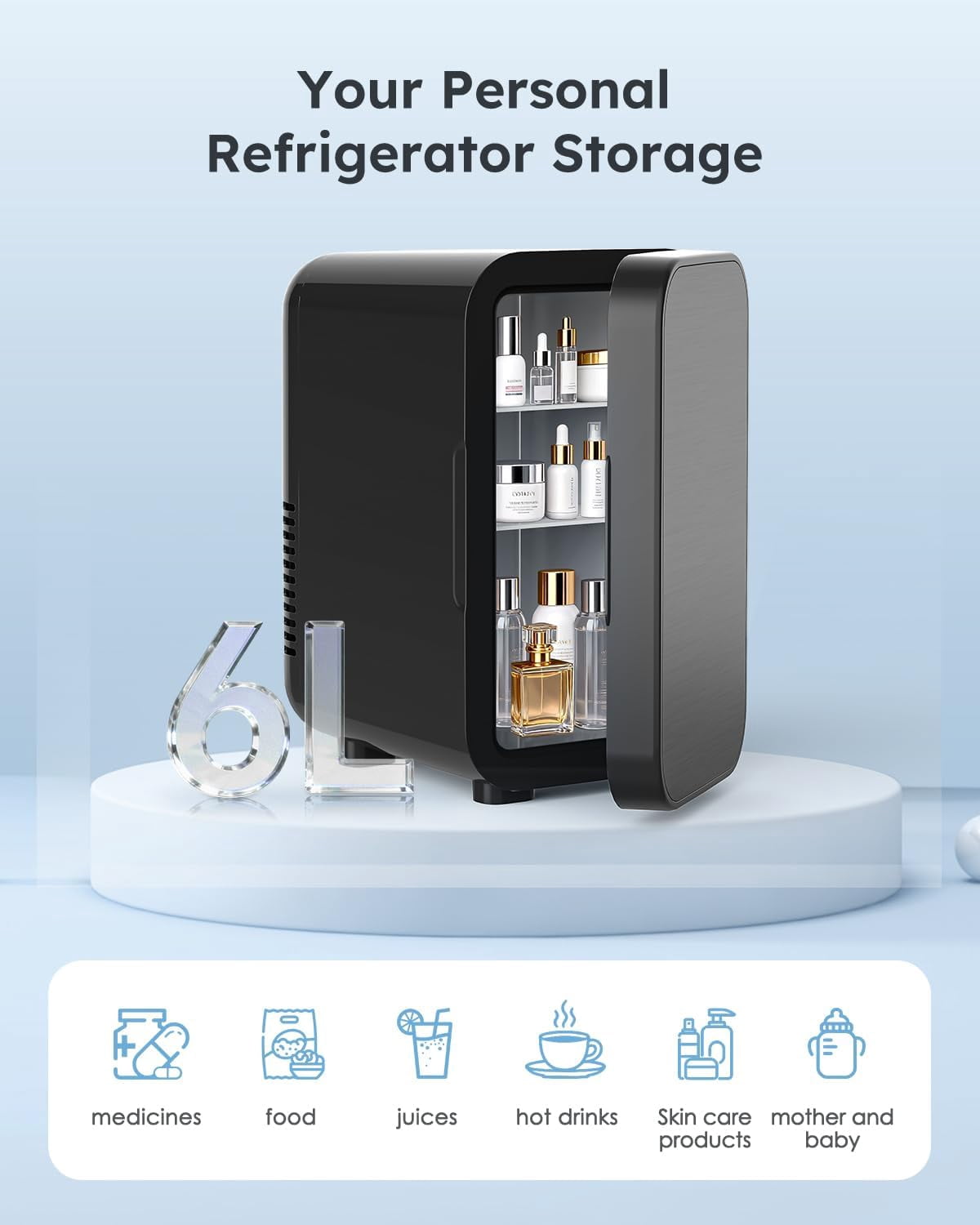 Skincare Fridge with Glass Panel, 6L  Fridge for Home/Car,  Portable Thermoelectric Cooler and Warmer, Makeup  Compact Refrigerator for Skincare Cosmetics Food Drinks (Black)