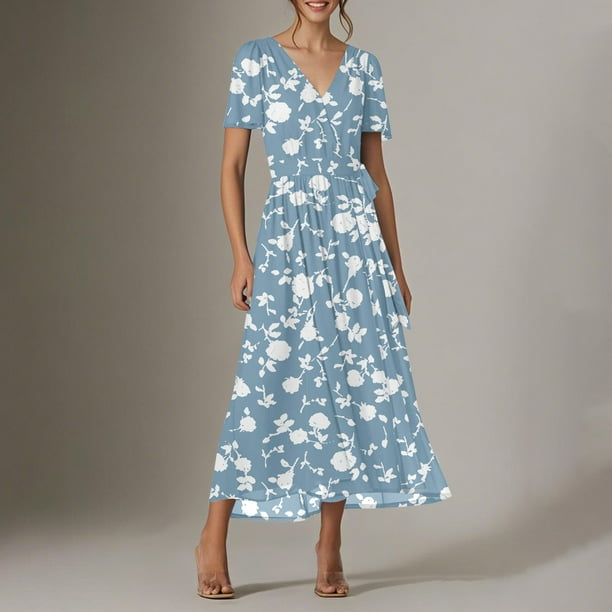 WILLBEST Vestidos de Algodon Vestido Casual para Mujer Cuello En V Manga Corta Vestido Diario para Vacaciones Elegante Ropa Básica Primavera Verano Cómodo Versátil Moda 635 Grande