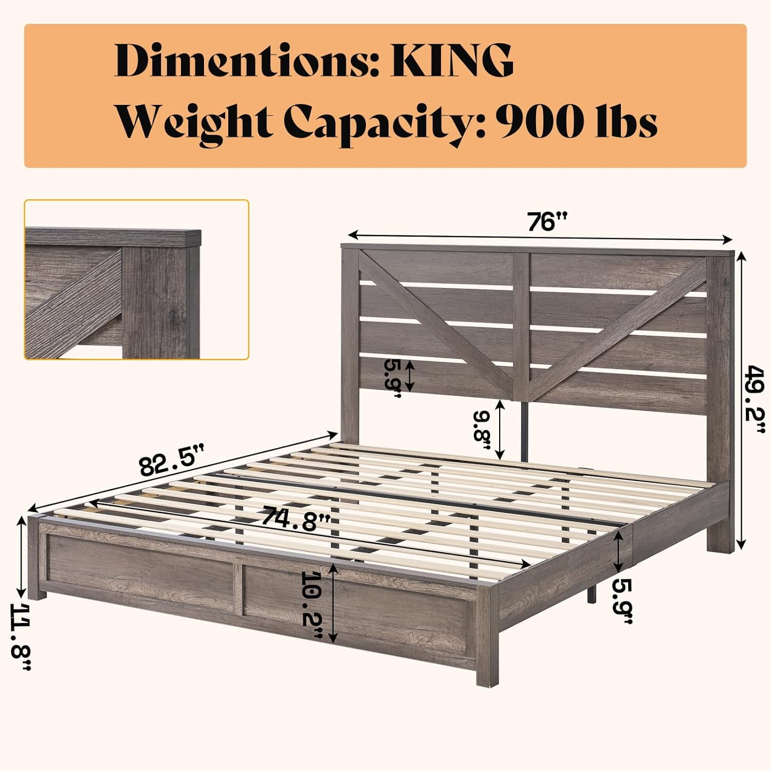 LUXOAK King Size Farmhouse Bed Frame with Rustic Barn Door, Storage Space and Wood Slats, Grey