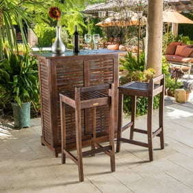 3 Piece Wicker Patio Bar Counter Serving Table Set With Two Stools