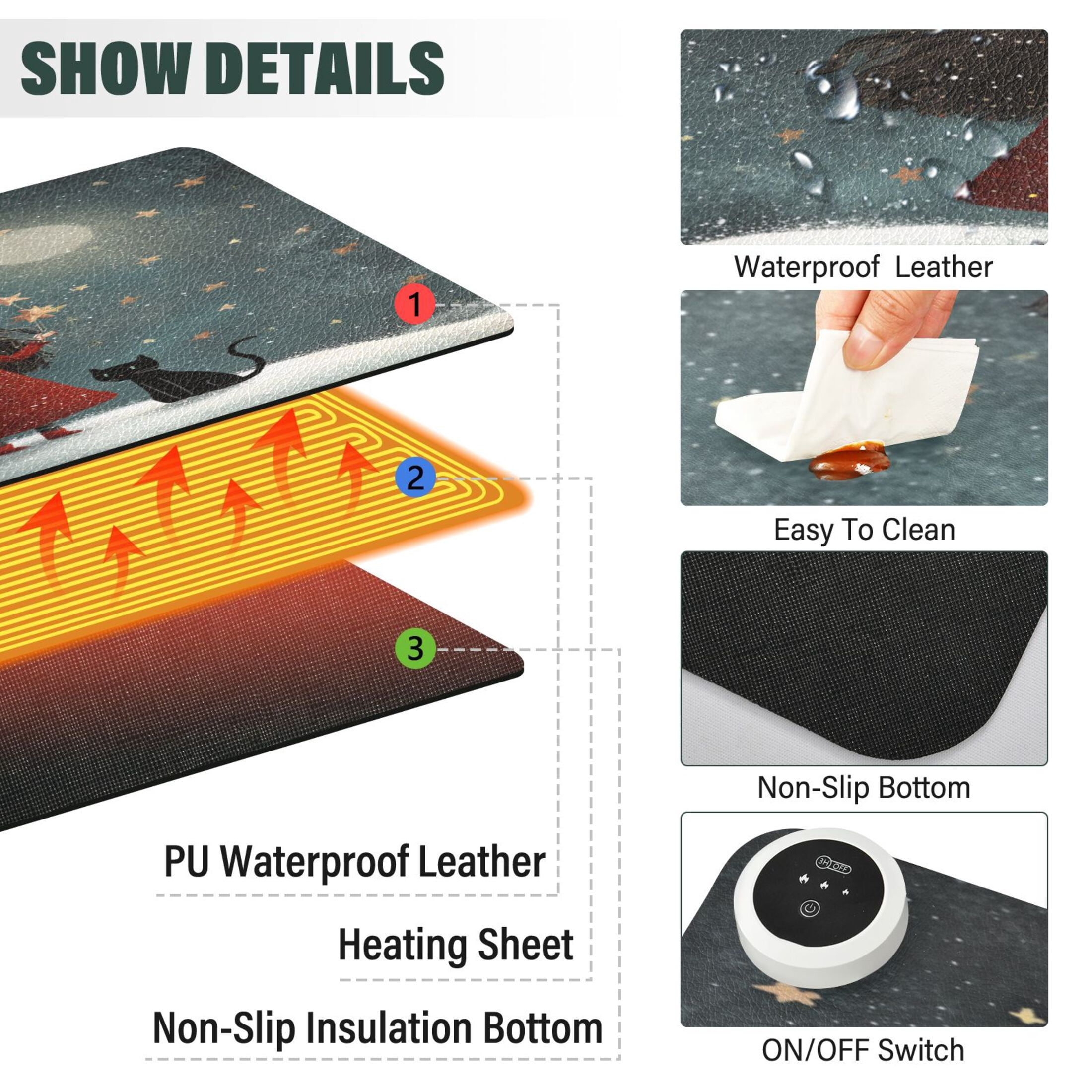 Large Heated Desk Mat Mouse Pad 31.5"x13"PU Leather Graphene Heating Desk Warmer with 3 Temperature Settings 110V US Plug Non-Slip Warm Pad for Home, Office, and Gaming Red Hat and Black Cat