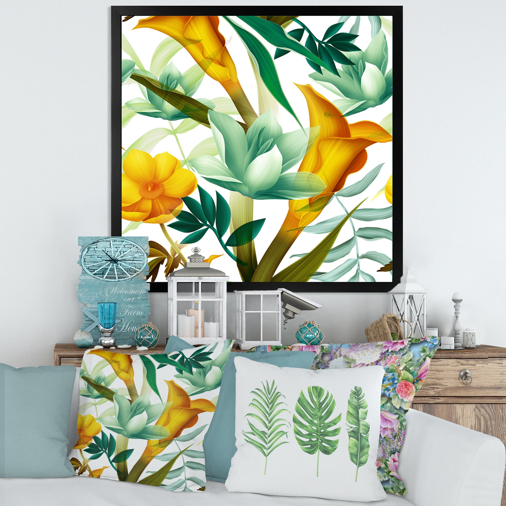 Designart 'Yellow Flowers and Tropical Foliage III' Modern Framed Art Print
