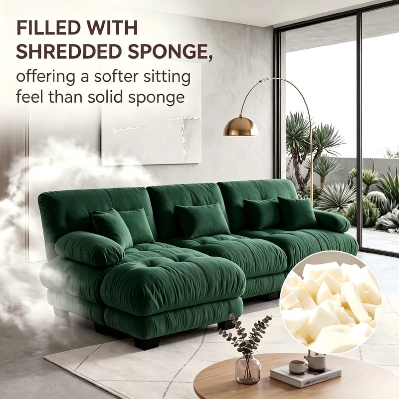 ANPPORT Cloud Couch Sleeper Sofa, Chenille Green 3-Seater Modular Sofa with 1 Ottomans, 3 Lumbar pillows, 2 Pillows, Comfy Deep Seat Cloud Sofa, Convertible L-Shaped Floor Couch for Living Room