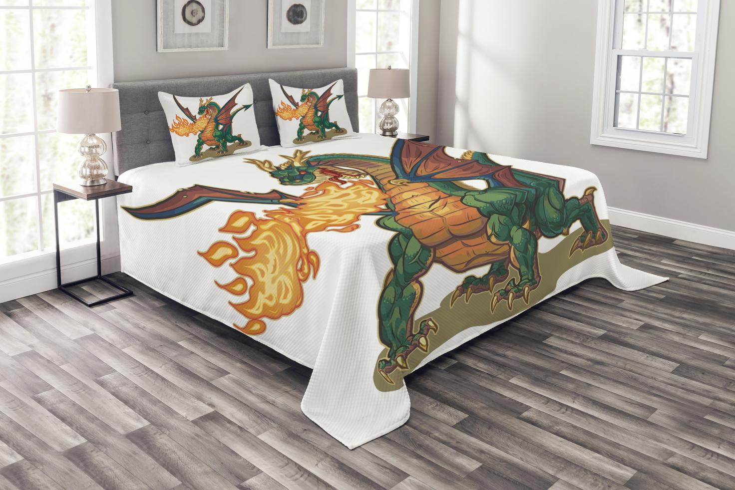 Dragon Bedspread Set King Size, Mythical Fire Spitting Monster Dreamy