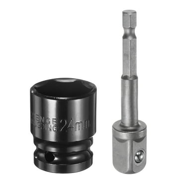 Uxcell Deep 6-Point Impact Socket 1/2" Drive 24mm Metric Socket 1.5" Length with 1/4" Hex Shank Adapter, CR-V Steel Socket Adapter Accessory Tool Set Kit for Hex Bolts Nuts