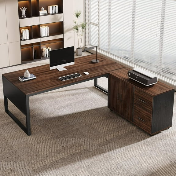 Finmind 63-Inch L-Shaped Desk, Modern Executive Desk with Mobile File Cabinet,Dark Walnut & Black