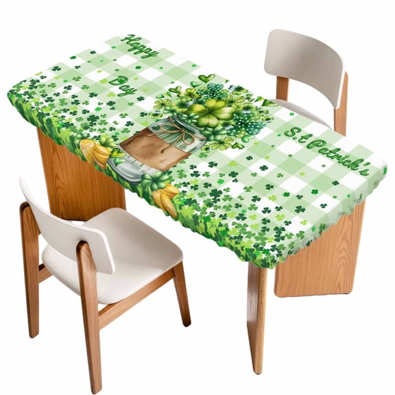 St. Patrick's Day Table Cloths for 6 Foot Rectangle Tables, Spring Botanical Clovers Coin Green Check Patio Waterproof Elastic Fitted Tablecloths, Washable Rectangular Table Cover for Camping
