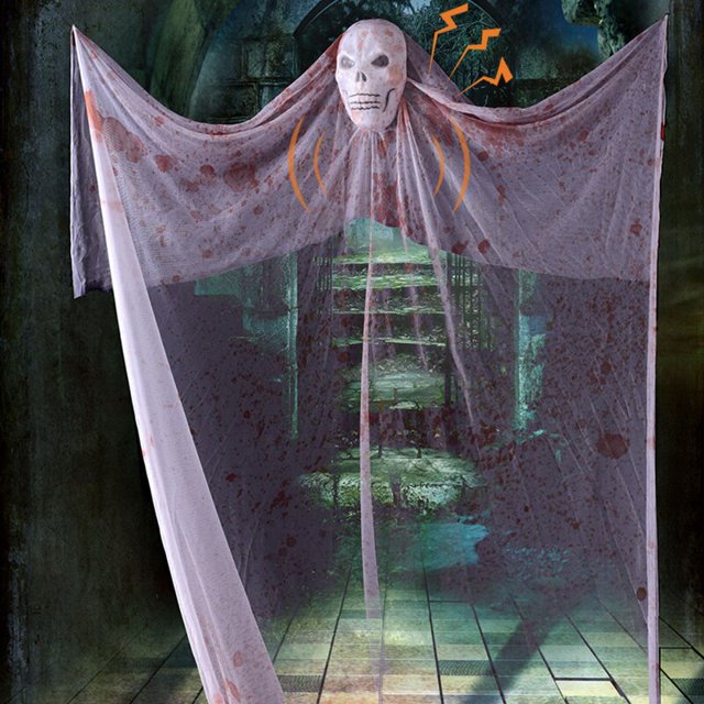 Decoración de fantasma colgante de Halloween con voz, máscara de fantasma de terror luminosa, gasa para fiesta, interior al aire libre, decoración de patio de casa encantada