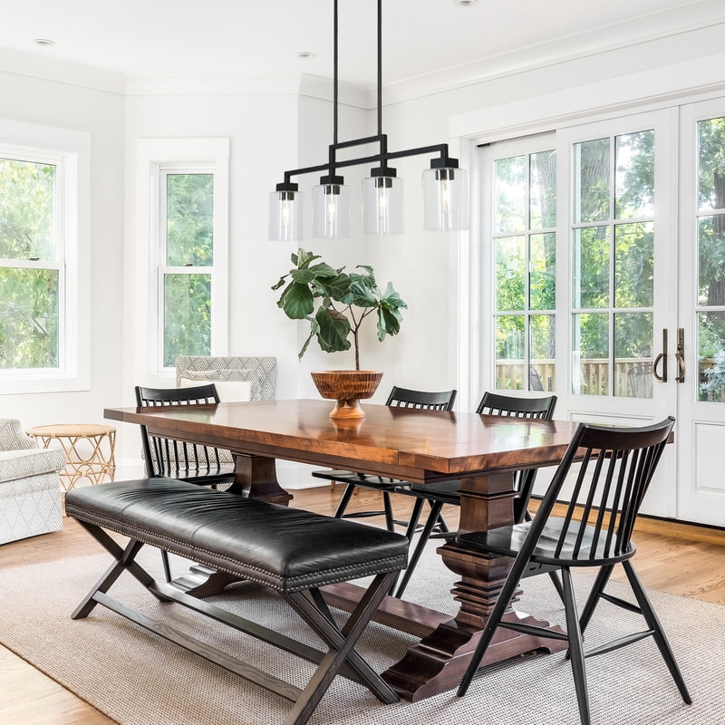 LNC 34.4-in W 4-Light Matte Black Farmhouse Modern/contemporary Clear glass Linear Large Hanging Kitchen Island Light