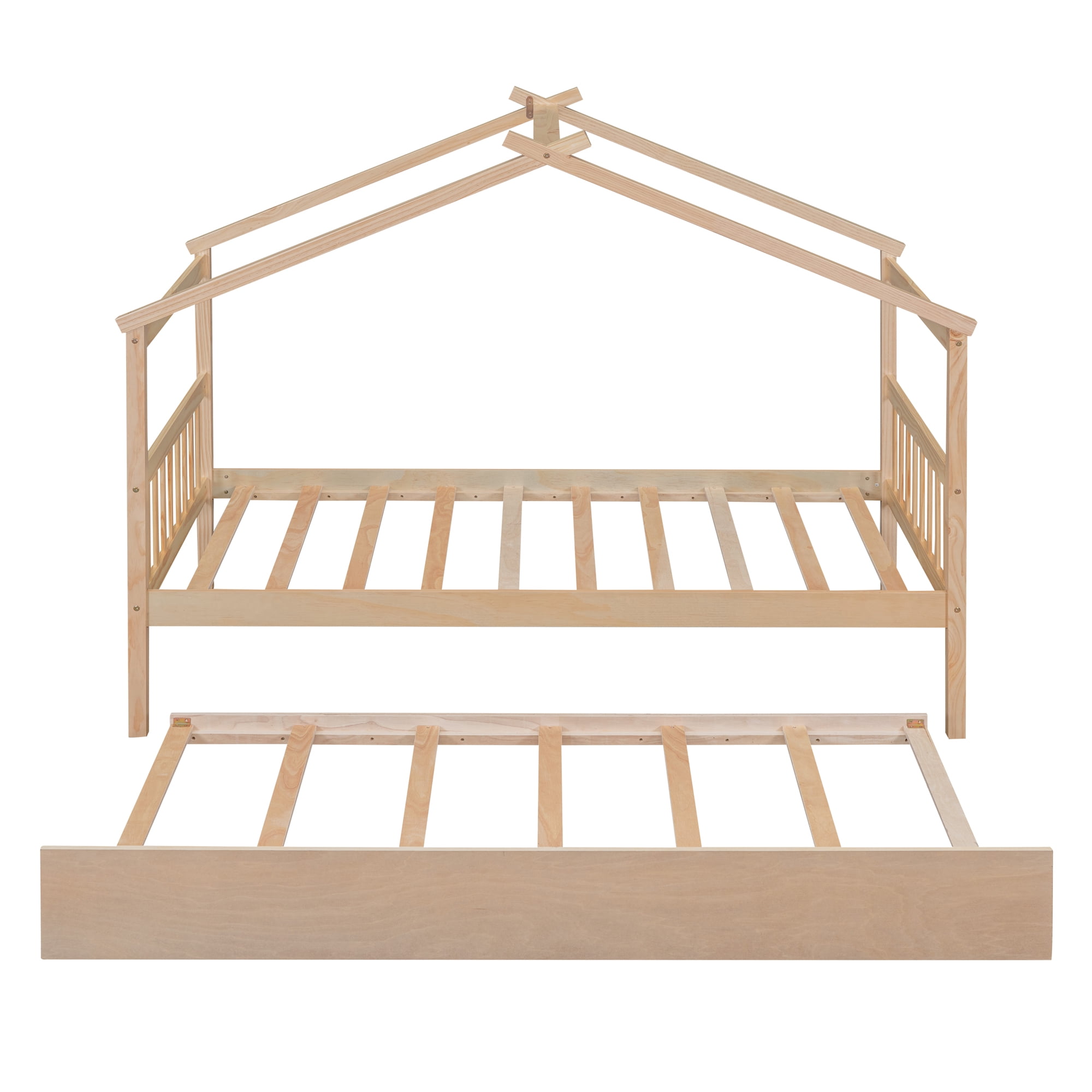 Bellemave Twin Size House Bed with Trundle, Wood Platform Bed Frame with House Shape Roof forTeens(Natural)