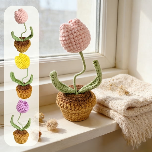 Bonsái Tejido Maceta de tulipanes de ganchillo hecha a mano con flores de hilo para decoración del hogar, oficina, escritorio o coche, regalo de primavera (rosa, 1 pieza) Rkxzt