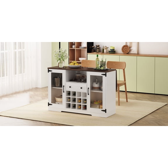 Wine Cabinet Server with Drop Leaf and 12-Bottle Rack Sideboard Cabinet with Glass Doors, Removable Wine Grid, Center Drawer, Melamine + MDF Construction, Walnut White 47.2" L x 30.9" H