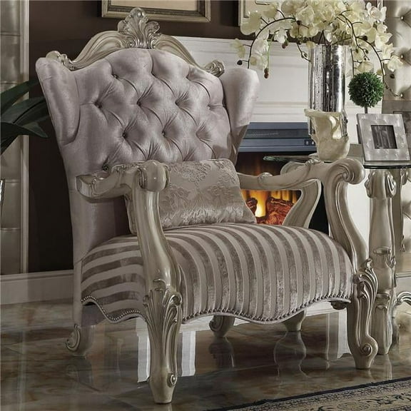 ACME Versailles Chair with 1 Pillow, Ivory Velvet & Bone White - 47 x 33 x 36 in.