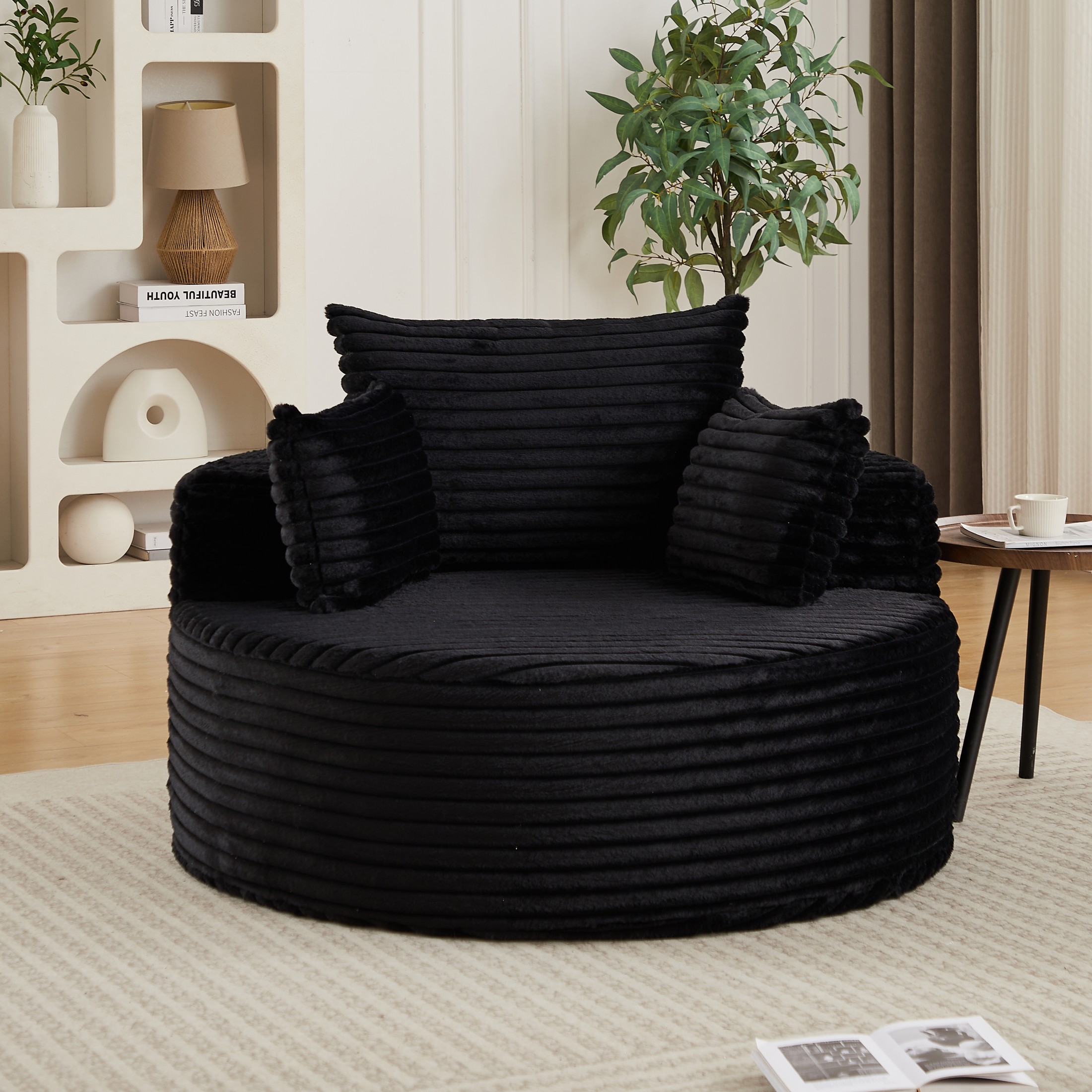 Aukfa 50" Oversized Corduroy Round Sofa Chair, Modern Deep Seat Chaise Lounge Chair Indoor with Pillows, No Assembly Required, Black