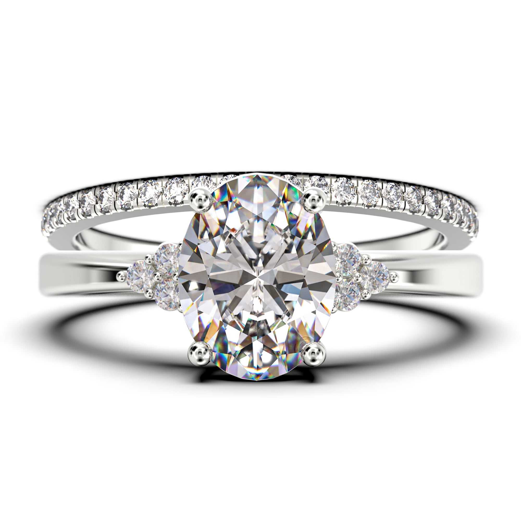 Minimalist 2.00 Carat Oval Cut Moissanite & Diamond Engagement Ring in 925 Sterling Silver with 18k White Gold Plating