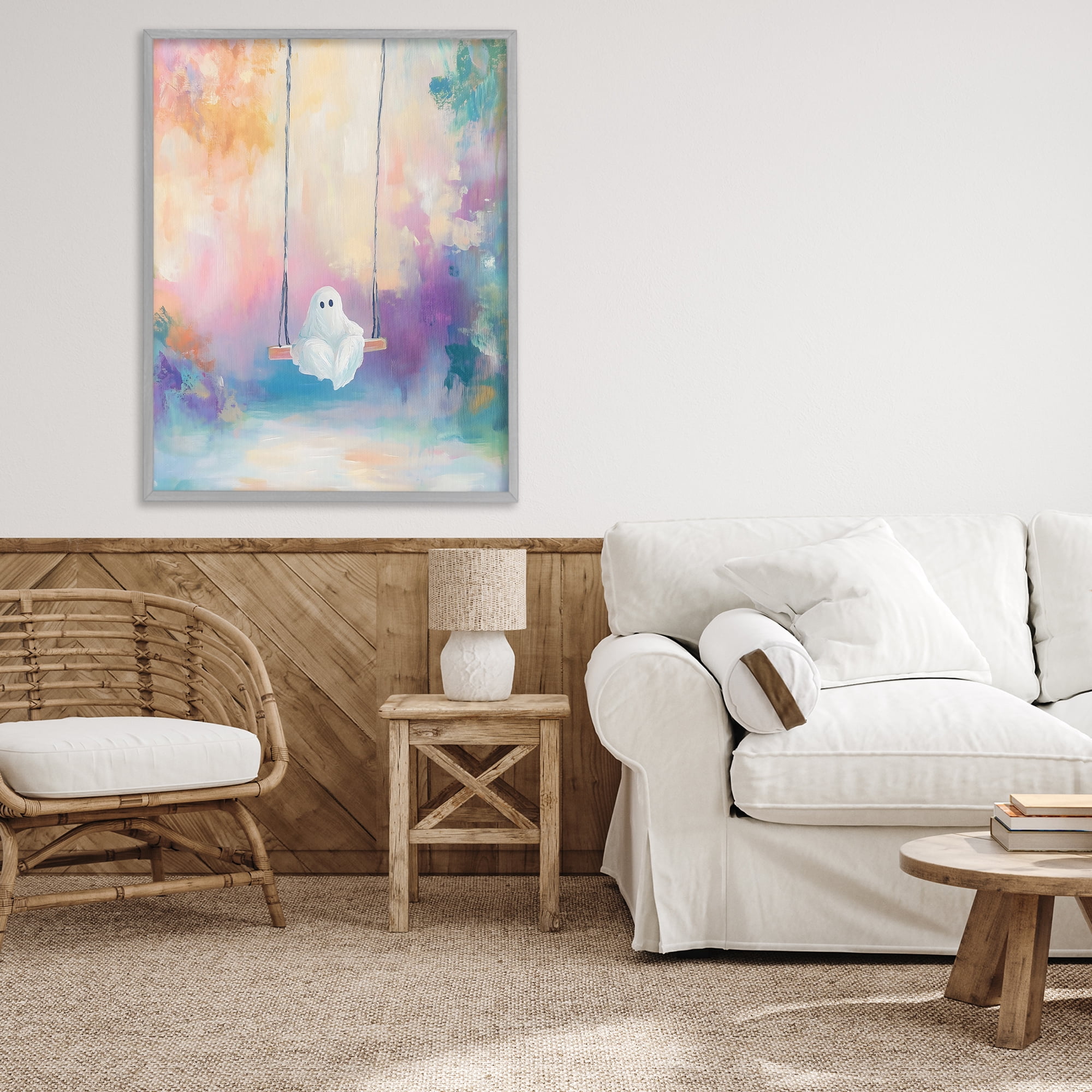 Stupell Industries Watercolor Ghost on Swing Gray Framed Giclee Art, design by The Prints Vibe