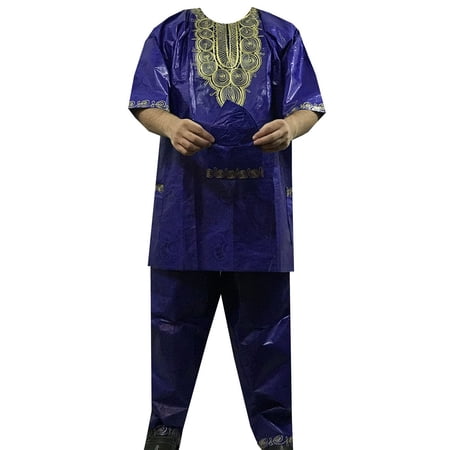 GenOne Men Festival Clothing Pan African Apparel Big and Tall Attire Plus Size Pant Suit Dark Blue E3