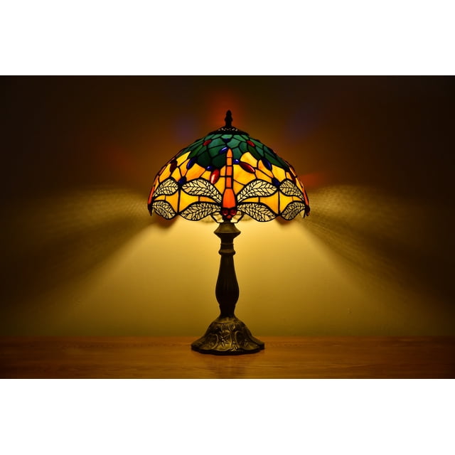 Tiffany Style Dragonfly Table Lamp Bedside LED Desk Lamp Bedroom Stained-Glass 18.1'' Height Bronze Multi-Color