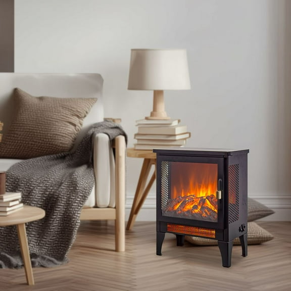 LUMAMIN 17Inch Electric Fireplace, Freestanding Fireplace Stove Heater with 3D Flame Effect, 5000 BTU,1400W / 700W Heat, Panoramic 3-Sided View and Removable Foot, Black