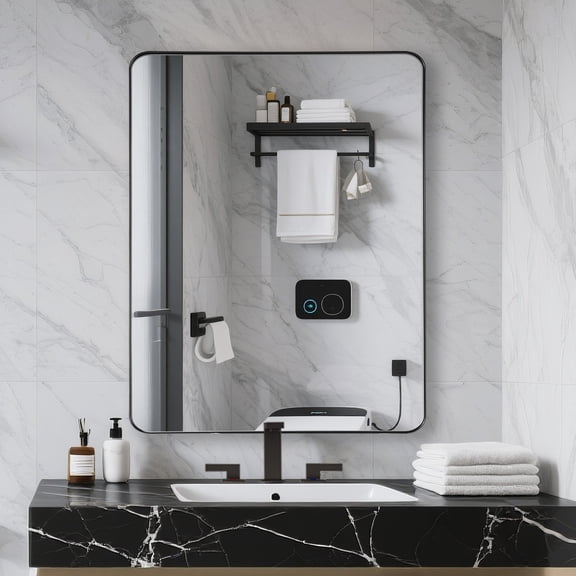 SUMERAIN 28 x 36 Inch Large Bathroom Mirror for Wall, Matte Black Framed Rectangle Bathroom Vanity Wall Mirror with Tempered Glass & Rounded Corner, Easy to Install