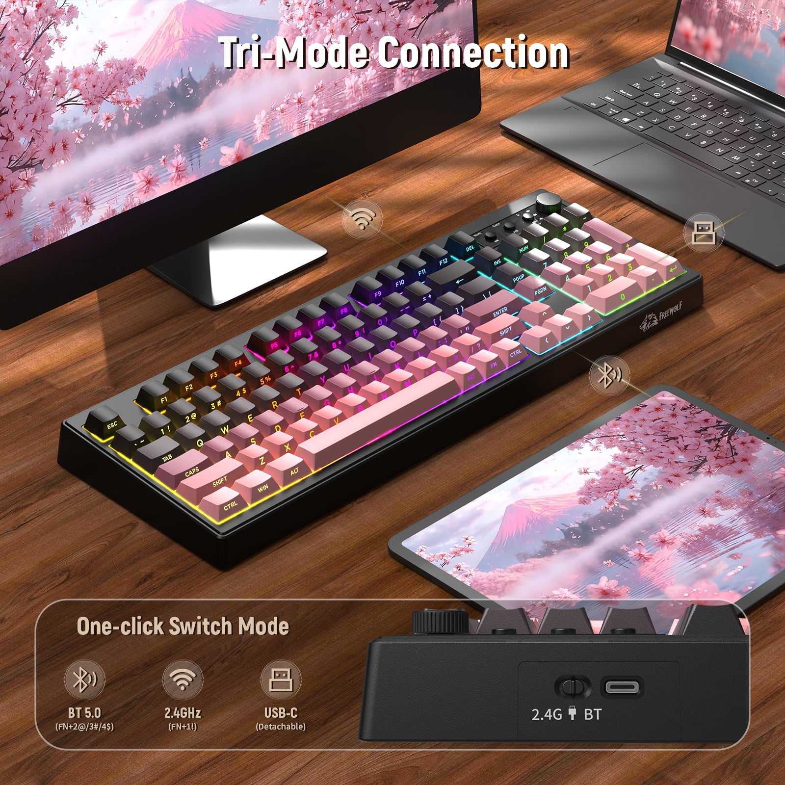 ZIYOU LANG K100 90% Wireless Gaming Keyboard, Tri-Mode Bluetooth/2.4GHz/USB-C, RGB Backlit, Number Pad, for PC/Mac, Pink Creamy