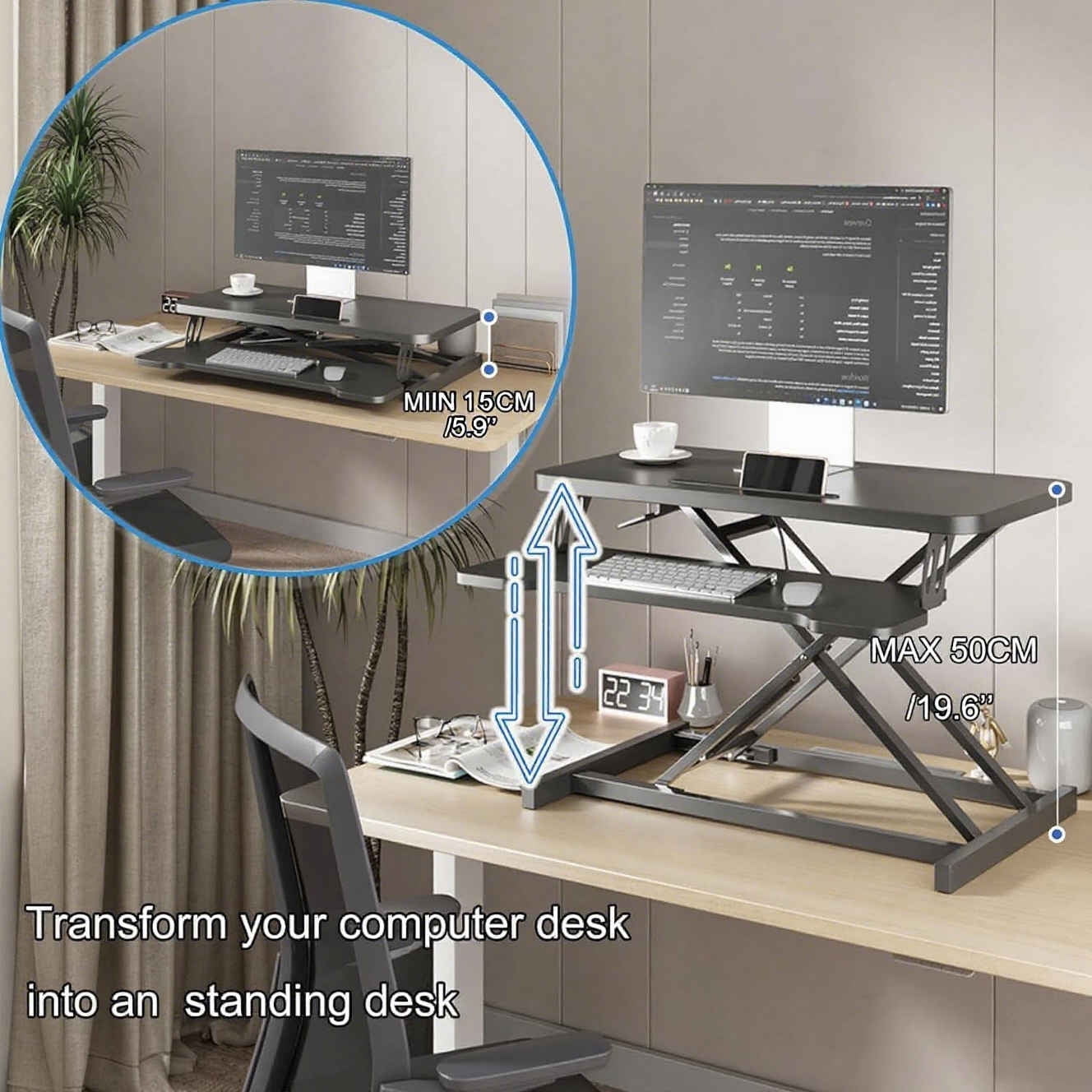 ZIHUI Standing Desk Converter 37inch, Height Adjustable Sit Stand Desk Riser, Quick Sit to Stand Tabletop Dual Monitor Riser Workstation for Home Office with Keyboard Tray, Black