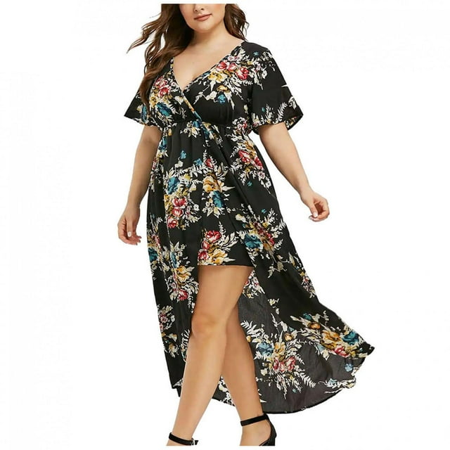 TIMIFIS Summer Women's Short Sleeve Floral High Low V Neck Flowy Cocktail Party Skate Dress