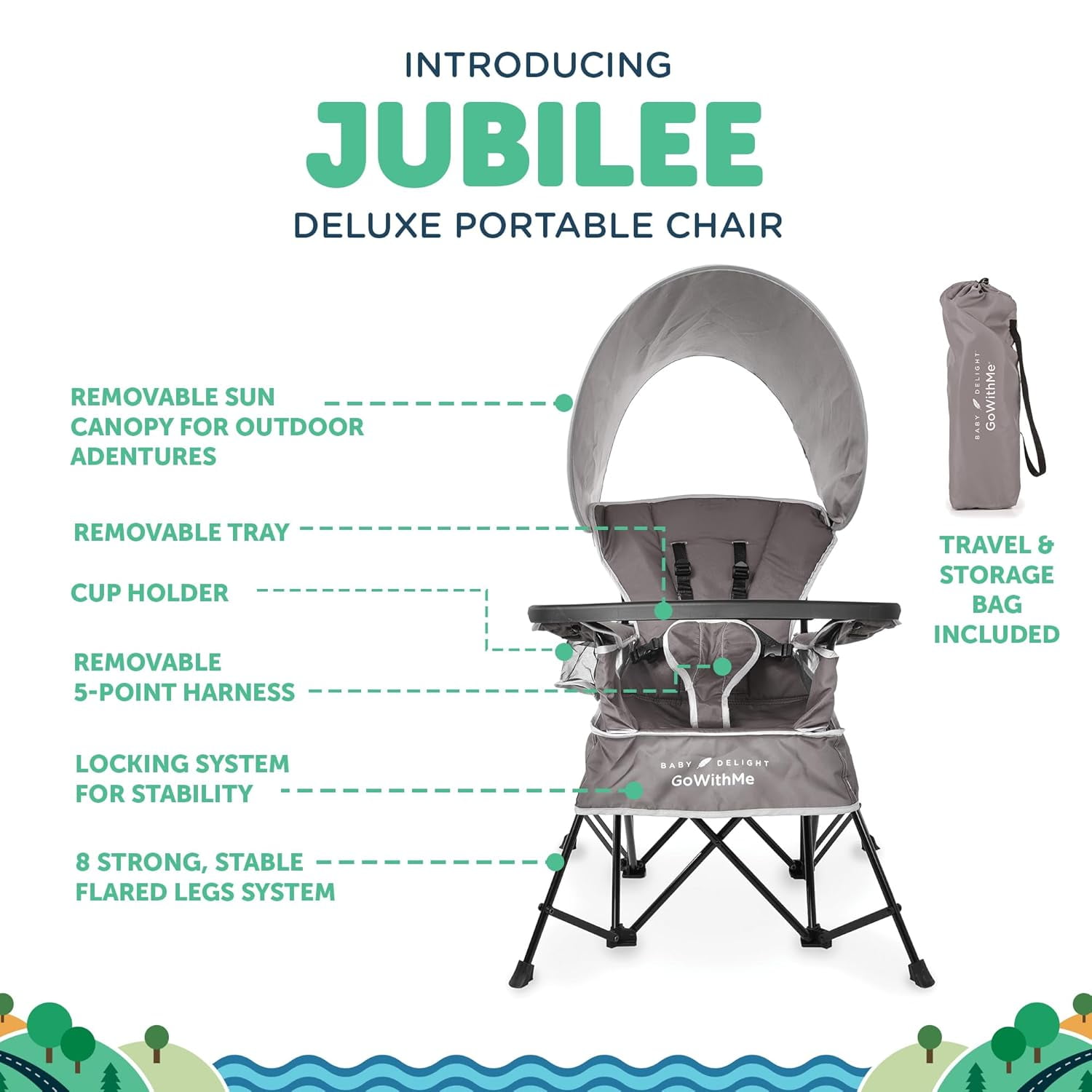 Go With Me Jubilee Deluxe Portable Infant Chair, Removable Canopy, Gray