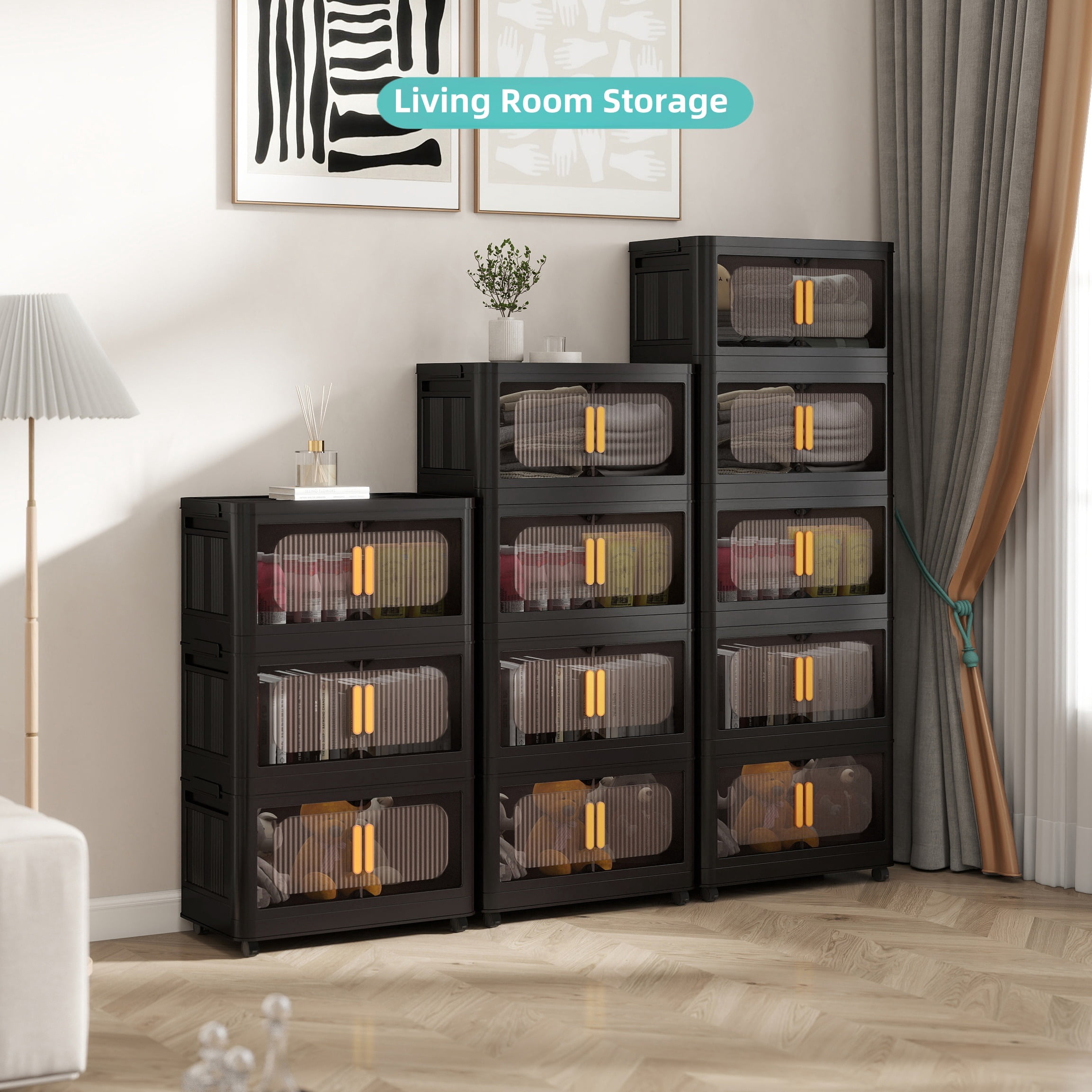 Collapsible Closet Organizers with Lid, 5 Tiers Stackable Plastic Storage Bins Cabinet with Wheels and Magnetic Door (Black)