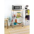 thumbnail image 2 of Kitchen Microwave Cart on Wheels, Wire Rolling Cart with 4 Chrome Hooks, 3 Tier Bakers Rack with Wood Table, Slides Out Shelves, 24L x 18W x 33.5H Inches, Chrome/Wood, 2 of 9