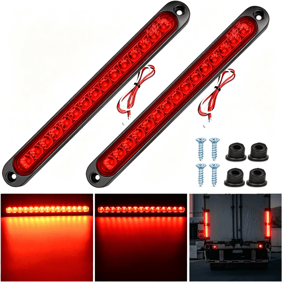 TUWAFE 2PCS 10Inch 15 LED Red Trailer Light Bar for Park Stop Turn Tail Lights Brake Light IP67 Waterproof Marker ID Clearance Strip for Truck Trailer Golf Cart Pickups Boats, 2 Years